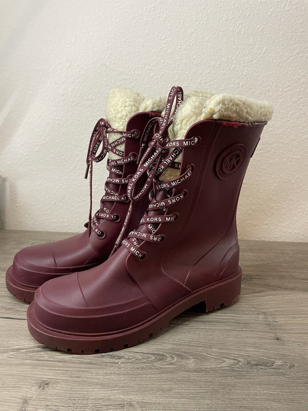Michael Michael Kors Montaigne Rain Boots Dark Berry Burgundy Shearling Size 6